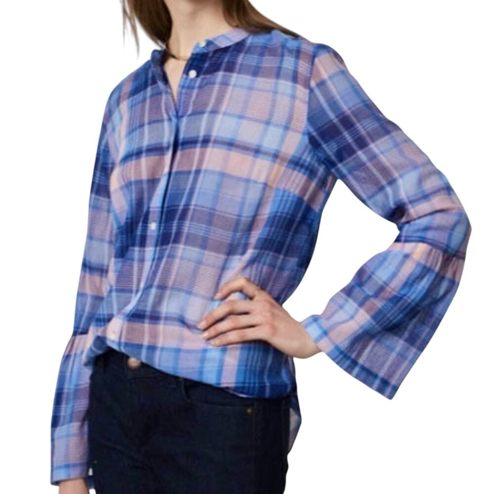 Loft Softened Plaid Button Shirt M Blue Pink Bell Sleeve Band Collar Blouse Top